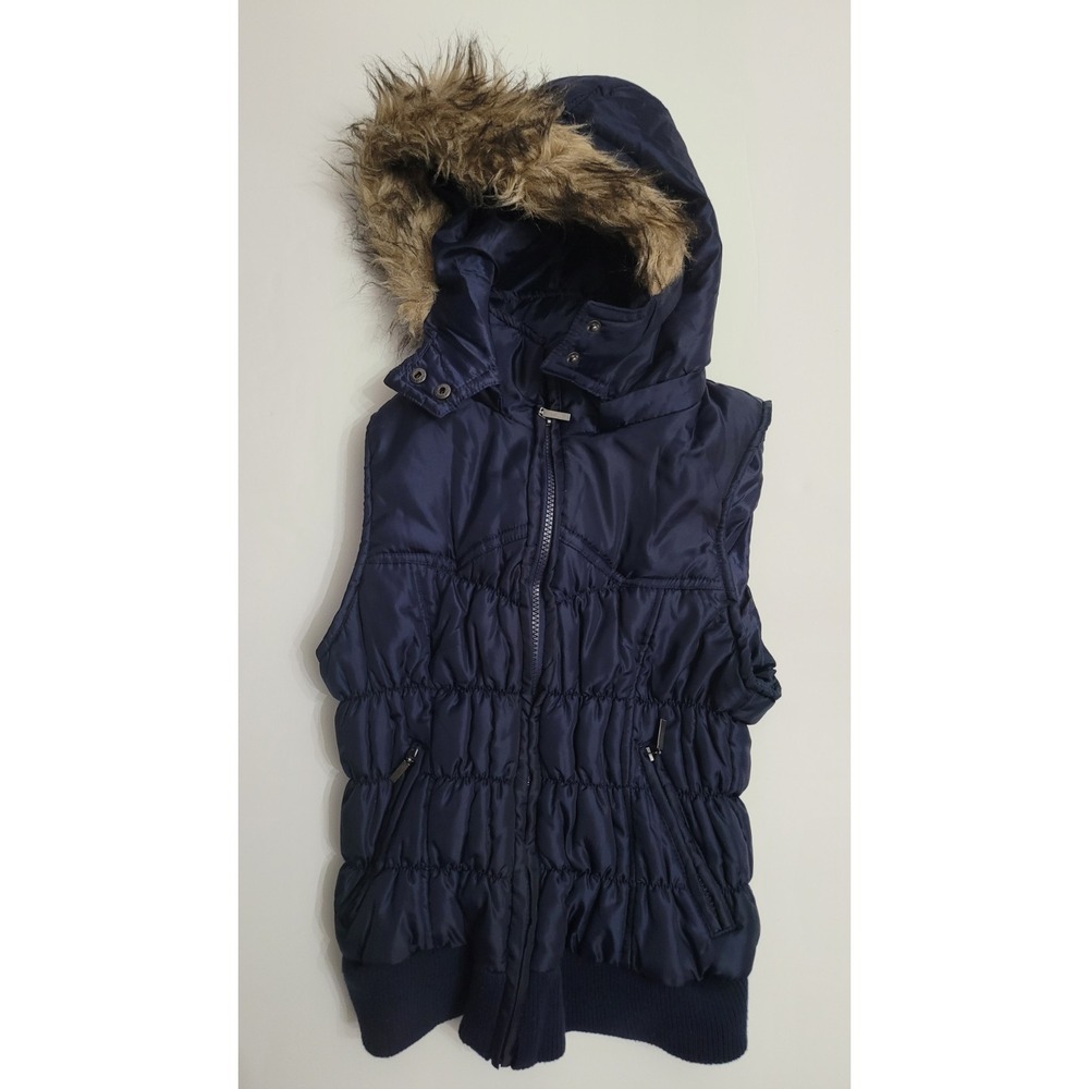 Bongo Puffer Vest Womens Medium Blue‎ Faux Fur Trim Removable Hood